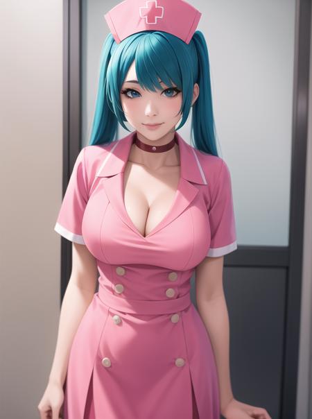 1girl, drawing, aqua_hair, aqua_eyes, dress, frills, hat, hatsune_miku, pink_lips, long_hair, large_breasts, cleavage, choker, looking_at_viewer, , nurse, nurse_cap, pink_dress, realistic, skirt, smile, solo, traditional_media, twintails, very_long_hair   <lora:nurse-miku-20:0.2>