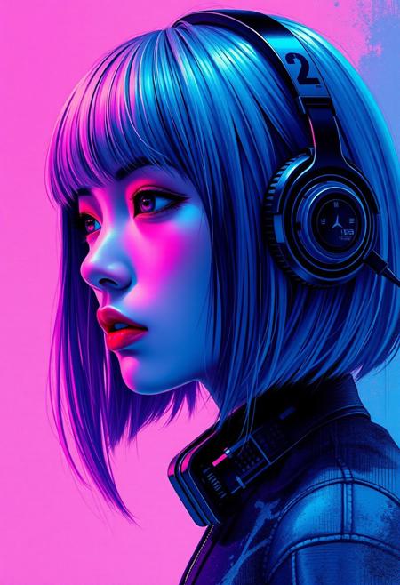 abstract photorealistic ink image in vivid, surreal colour gradient, closeup side portrait of oriental goth cyberpunk woman, straight-cut bob, bangs, headphones, bleached hair