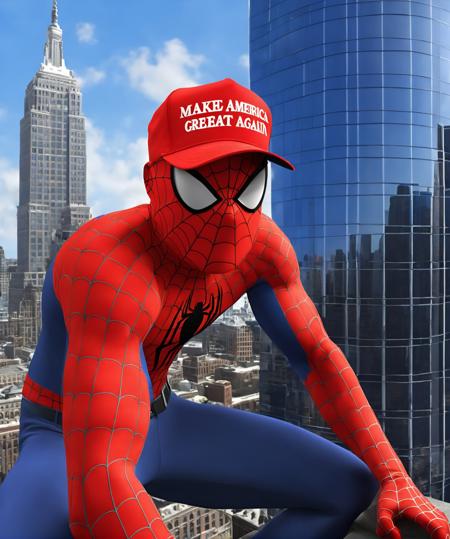 man wearing red maga hat, upper body, skyscraper at background, spiderman, 3D, pixar , professional, photo, high quality, highres, ([:hat with text "make america great again":0.25]:1.1),
 <lora:maga_hat_1-000140:0.9>