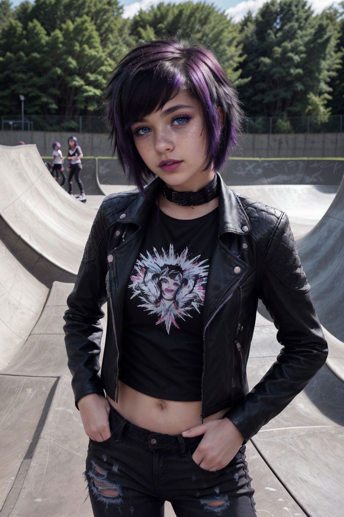 A woman wearing a black leather jacket, black lipstick, and purple hair posing at a skate park.