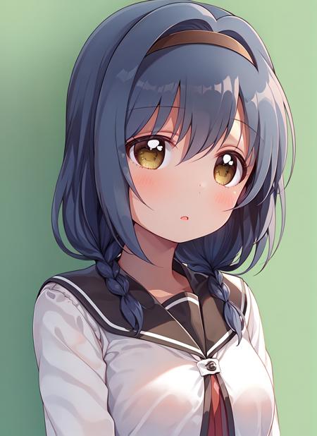 masterpiece, best quality, ultra-detailed, illustration, 1girl, solo,  <lora:furutani_himawari-v14:0.8>, furutani_himawari, blue hair, brown eyes, hairband, medium hair, low twin braids, hair intakes, nanamori school uniform, upper body, takehero