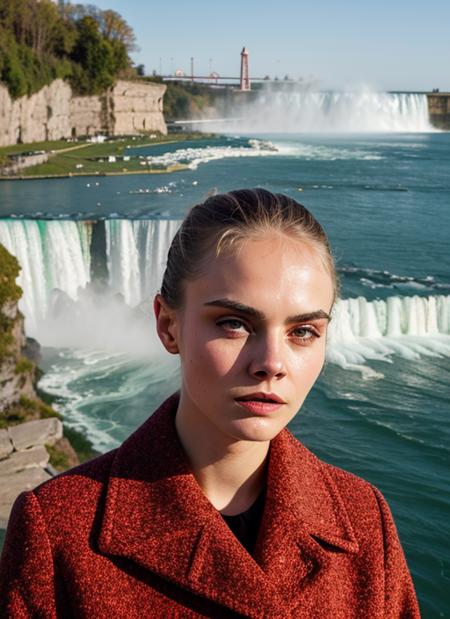 portrait of sks woman at the niagara falls, by Flora Borsi, style by Flora Borsi, bold, bright colours, ((Flora Borsi)), by Guy Bourdin, <lora:lora-small-cara-delevigne-v1:1>