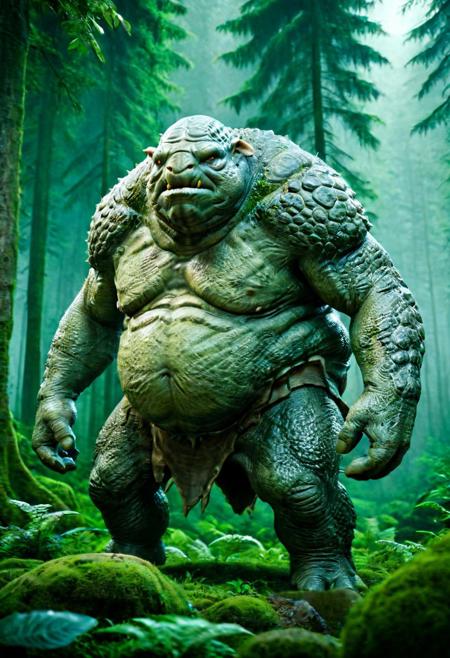 Frontal view, upper body view, Hyper-realistic photo, lifelike texture, grainy, cinematic, 4k, quality, detailed, impressive, wildlife animal shot, 
Create an image of a giant FEMALE hybrid creature that combines features of a ogre and turtle. Overweight  female creature, anthro hybrid, It stands on two legs like a troll, with a massive, (fat body:2.1) as thick as an pig. Small head, Its face resembles that of a turtle, with a broad, flat snout and expressive eyes. The skin is rugged and textured,  the skin is chartreuse-colored, adorned with bony protrusions that mimic a turtle's shell. The creature is set in a fantastical landscape, surrounded by lush greenery and towering trees, near cave and river, showcasing its imposing size and unique blend of characteristics