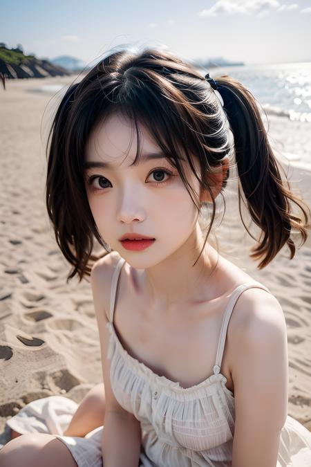 (bright sunshine, extremely detailed face:1.3), 1girl walking on beach, sea, wind, cloud, (wet, white_sundress, sleeveless), (best quality, masterpiece, 16k, raw photo, ultra high res:1.2), sharp focus, blurry background, close up