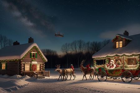 Steampunk style, realistic photo, winter landscape, small village, evening, night time, (santa claus flying++ with sleight over village)++, 12 reindeers in front of sleight, steampunk sleight, focus on sleight, brass machine parts, steam gauges, santa claus sitting in sleight, side view