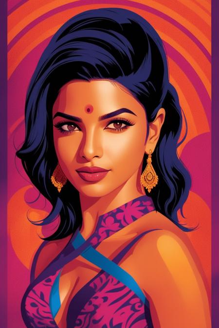 concept poster art priyanka chopra, full body portrait at amazon lily <lora:tomWhalen-xl:1>. digital artwork by tom whalen, bold lines, vibrant, saturated colors