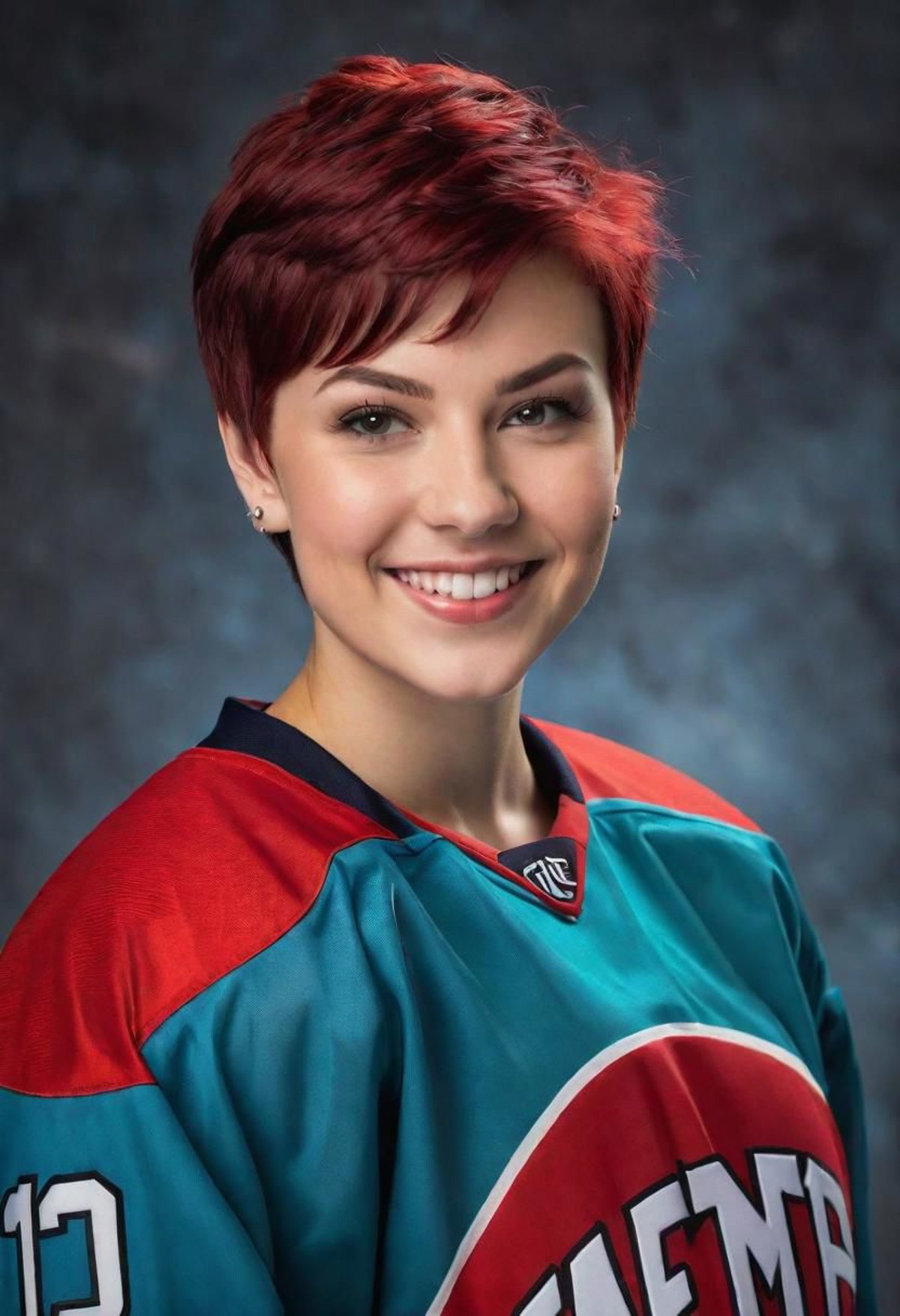 18 year old, medium sized, confident looking woman. Evil grin. Red team Ice Hockey gear. Short hair in a pixie cut.