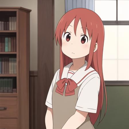 <lora:nichijou_style_v2-000002:0.5>, nichijou_style,masterpiece, best quality, 1girl,  solo, school uniform, red hair, long hair, red eyes,  :>, 0_0, standing, living room, windows