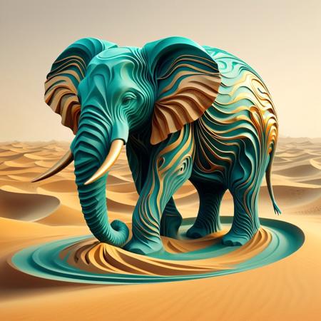 stylized elephant composed of angular golden sandswirl polygons, teal and amber geometric vortex from trunk, minimalist desert dunes as overlapping triangular waves, sharp gradients and clean lines, cubist-inspired sand particles, matte beige backdrop with hidden wind-flow patterns, isometric camera angle, abstract 3D rendering, contemporary art style, juxtaposition of rigid shapes and fluid motion, metallic foil accents, optical illusion of swirling sand trapped in fractured glass