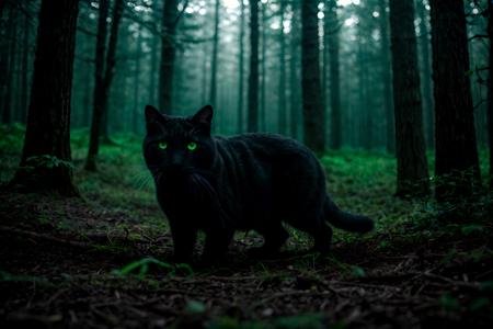 RAW photo, cat glowing eyes ghost bioluminescent fireflies spooky forest moonlight ominous lake moss, 8k uhd, dslr, soft lighting, high quality, film grain, Fujifilm XT3