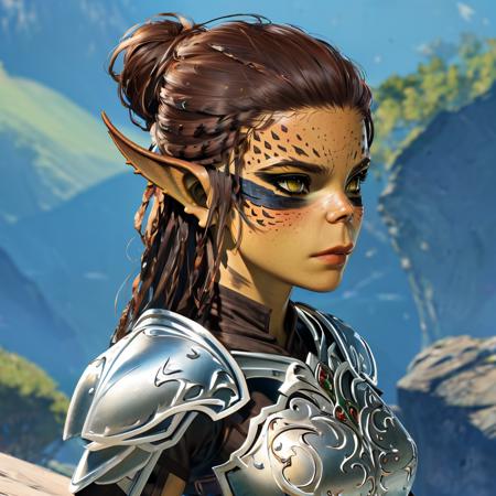 Lae'zel, pointy ears, armor, squatting, cameltoe, amber eyes, slit pupils, colored skin, green skin, standing, arms behind head, looking at viewer, 1girl, solo, shiny skin, perfect female body, neat figure, slender waist, blush, shy, (best quality), (ultra detailed), (masterpiece), (highres), (original), (extremely detailed CG unity 8K wallpaper), character design, game cg, detailed manga illustration, <lora:Definitive_Laezel_v1.2-000009:0.8>