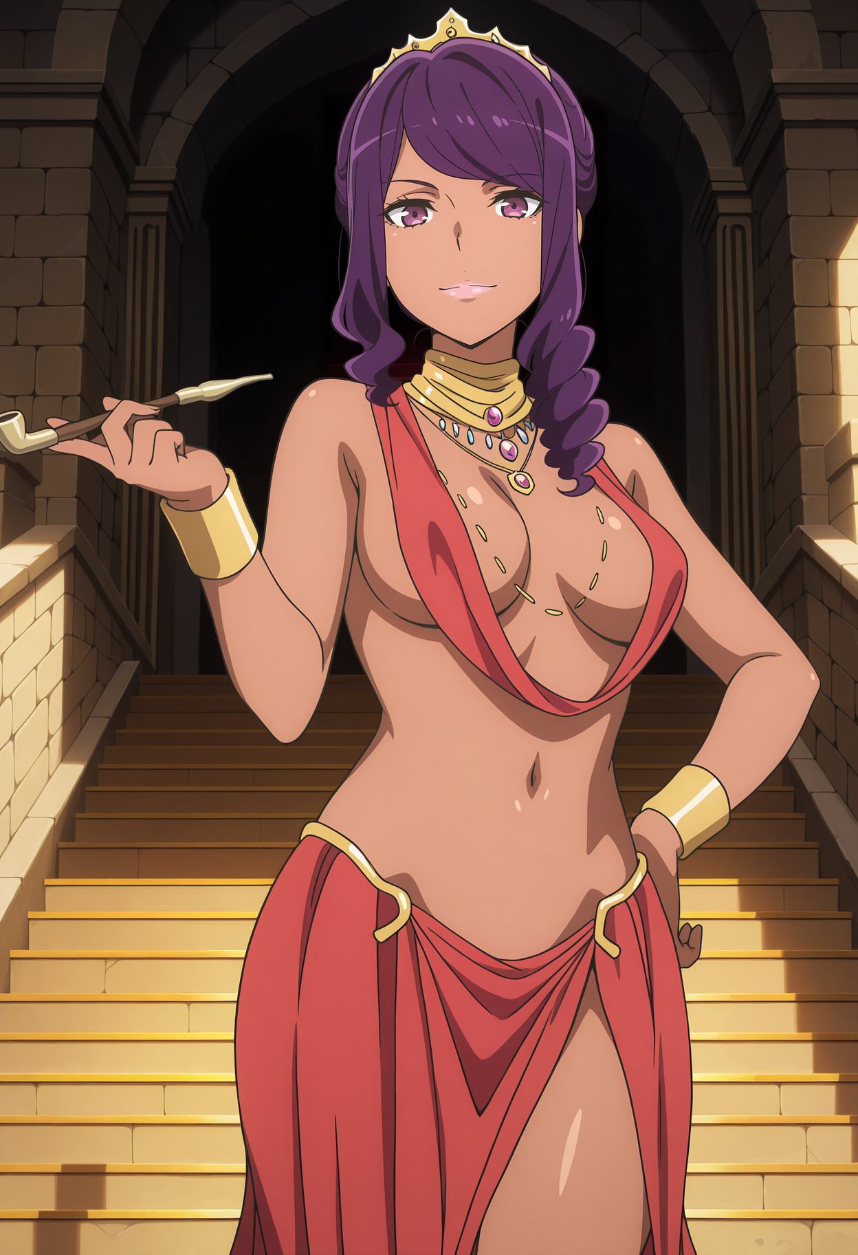 A woman with wavy, dark purple hair, purple eyes, standing confidently on a grand staircase looking towards the viewer with a subtle smile while holding a smoking pipe. Her attire is composed of draped red fabric for the top and skirt, accented by elaborate gold jewelry including a diadem, a large neckpiece, and wide wrist cuffs. 