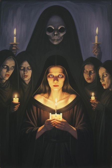 Alessandro Biffignandi, 1970s, gouache painting, woman in black silk robe holding a candle, cultists surround her in the darkness, evil ritual, fear, horror, illustration collage, oil painting