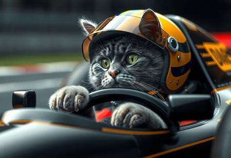 (masterpiece:1.2), (best quality:1.2), (realist), highly detailed, realistic texture, sharp details, extremely delicate and beautiful, realistic cg 8k wallpaper, cat driving a Formula1_car, [[gran prix]], [tabby cat], [[[grey cat, green eyes, white cheeks]]], focus on eyes, wind on face, high-speed drinving,  cat using a helmet, [[[cat-ear_helmet]]], [[[paw on steering_wheel]]], [[[yellow helmet with blue and green horizontal lines]]], Ayrton Senna,[lotus t98],[lotus_racing], [[black car with gold details]], [[[1980's formula one]]].
<lora:add-detail-xl:3>