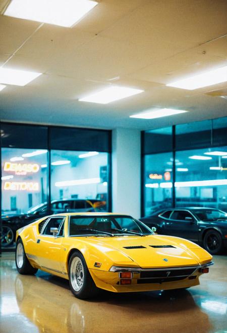 analog film photo (Sportscar gleaming yellow DeTomaso Pantera, front view, indoors), white neon lights, (stylish, film grain:1.3) . faded film, desaturated, 35mm photo, grainy, vignette, vintage, Kodachrome, Lomography, stained, highly detailed, found footage