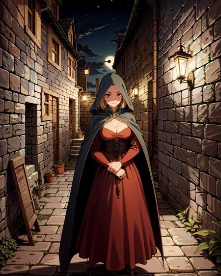 woman, medieval street, cloak, dark light, night, stone wall