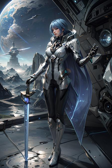 <lora:florentino_interstellar_council:0.5>, florentino_interstellar_council, looking at viewer, bangs, blue eyes, (1girl:1.2), closed mouth, blue hair, short hair, standing, looking at viewer, breasts, large breasts, very large breasts, cowboy shot, armor, shoulder armor, coat, facial hair, gauntlets, long sleeves, jacket, weapon, boots, shiny, pants, black pants, cape, holding weapon, sword, white footwear, knee boots, outdoors, sky, day, cloud, wate, scenery, smoke, flying, science fiction, realistic, aircraft, space, vehicle focus, planet, spacecraft, military, cloudy sky, building, science fiction, city, realistic, aircraft, military vehicle, cityscape, spacecraft, earth, <lora:add_detail:1>