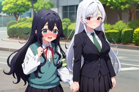 (2girls:1.2), masterpiece, highres, high quality, cowboy shot, looking at viewer, blush, happy, :), nose blush, outdoors, school  ,  
1girl, shizuka_wz, long hair, dark blue hair, blue eyes,  neck ribbon, red ribbon, white shirt, black skirt, long sleeves, school uniform, armband, sweater vest ,  (2girls:1.2), masterpiece, highres, high quality, cowboy shot, looking at viewer, blush, happy, :), nose blush, outdoors, school  , 
1girl, nano_wz, red eyes, white hair , long hair, green necktie, black jacket, miniskirt, pleated skirt, collared shirt, long sleeves, white shirt, school, black pantyhose, large breasts, <lora:shizuka-nano-09:0.7>