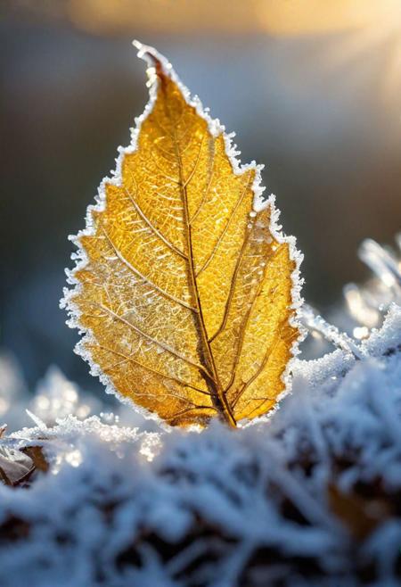 frost covered Leaf with crystal's gleaming in the morning light, golden light ,ultra sharp, ultra HD, 12k resolution, highest quality, golden lighting, strong bokeh
