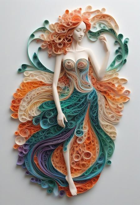 An ultra-realistic, full-length portrait of a whimsical woman, meticulously crafted in the style of intricate quilling paper.  Her form, a symphony of layered, volumetric structures and textures, emerges from a cascade of swirling, multi-colored paper curls—vibrant coral, emerald green, and sun-bleached gold.  Her natural, perfectly rendered anatomy is subtly revealed through the intricate folds and twists of the paper, interwoven with delicate cotton threads, creating a captivating interplay of soft, flowing forms.  Elaborate fabric patches, calligraphically twisted and patterned in rich purples, deep blues, and fiery oranges, drape gracefully over her body, cascading from her flowing, detailed hair down to her exquisitely rendered toes.  Her gaze, soft and captivating, holds a hint of melancholy, inviting the viewer into her world.  The intricate details of the quilling art,  combined with the delicate cotton accents, create a mesmerizing, almost dreamlike quality. This is a finely detailed, captivatingly beautiful female figure, radiating elegance and charm, a harmonious blend of fine art and captivating volumes of quilled textures, bathed in an ethereal, slightly muted light.