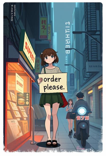 Medium shot digital illustration, (Realistic girl holding sign:1.3), Symmetrical composition, slender body, (Text on sign "order please":1.2), sad expression, Busy street, (Dramatic shadows:1.2), Soft glows, Contrasting color highlights, Future city atmosphere.