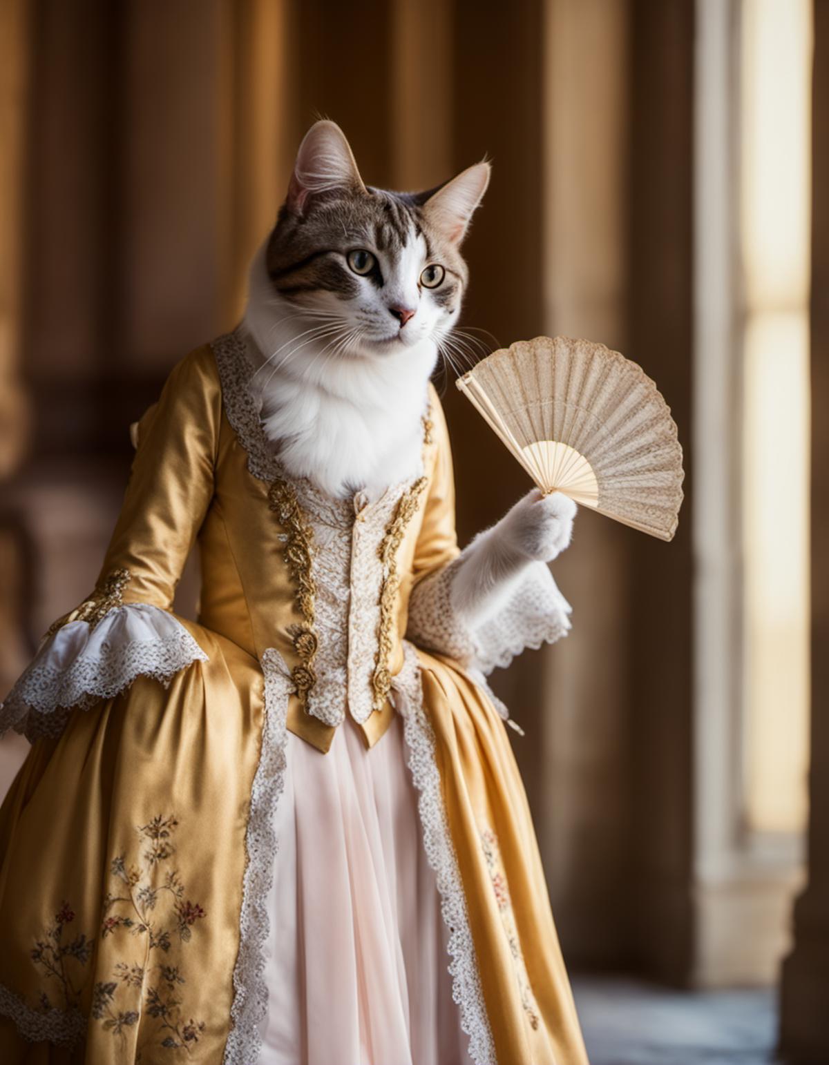 A cat wearing a dress and holding a fan.