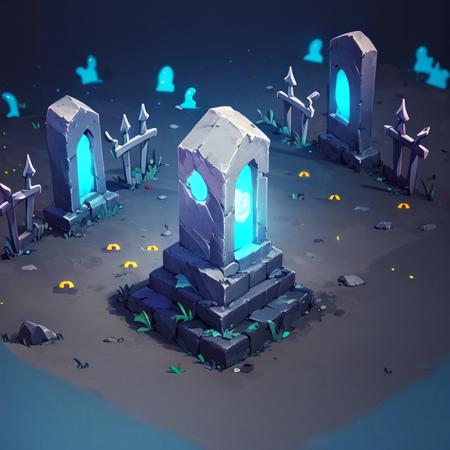 ((masterpiece,best quality)), absurdres <lora:Isometric_Setting:0.7>, spooky graveyard, graves, glowing blue lights,