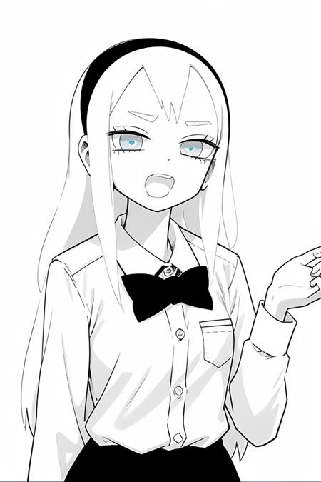 bergman, open mouth, white background, greyscale, bowtie, black hairband, black skirt, frau, collared shirt bergman blue eyes   <lora:bergman:1>