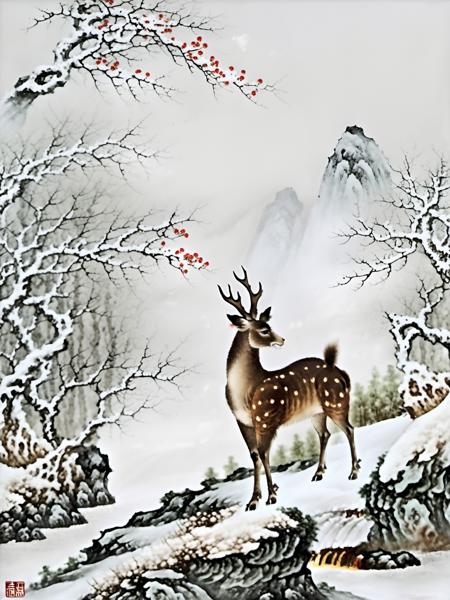 Chinese porcelain painting,A deer walks in the snowy woods, <lora:Chinese_porcelain_painting_V1:1>