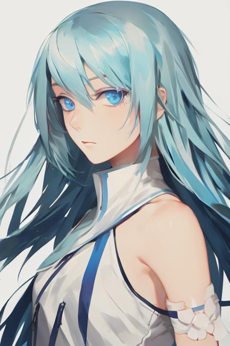 1girl,painting \(medium\),white|blue hair,green eyes,white background,best quality,upper body,  masterpiece<lora:rei_17-000008:1>