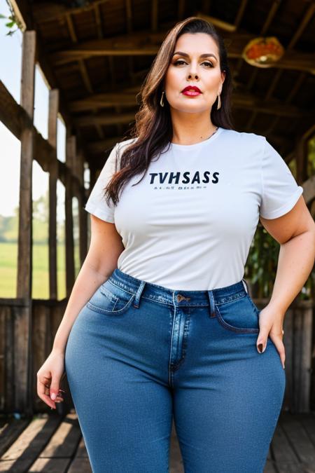 <lora:m1ssh0urglass-000002:0@1, 0.5@0.75, 1@0.2>, high resolution, high quality, tiktok, m1ssh0urgl4ss 1woman (face the viewer) in t-shirt and jeans at the farm,  wide hips, (thick)