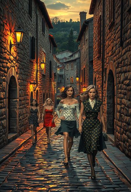 A cobblestone village street at twilight, where warm lights glow from old stone houses. The scene is rendered in breathtaking realism, yet characters appear in a stylized, comic-book aesthetic—boldly inked, with expressive, exaggerated emotions, creating a surreal contrast between the world and its inhabitants.
mid-century Americana, glamorous pin-up aesthetics, candid street photography, dramatic lighting, vintage fashion, playful yet sophisticated, cinematic compositions, dynamic motion, rich nostalgic tones, expressive facial expressions, soft painterly textures, high-contrast black and white elements, staged yet spontaneous moments, storytelling imagery, classic urban scenes, vibrant yet moody, fusion of idealized glamour and raw realism, humor with depth, stylish mid-century atmosphere