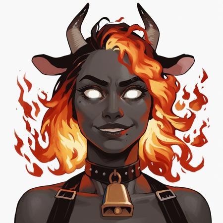 score_9, score_8_up, score_7_up, score_6_up, source_cartoon, black outlines, 1girl, portrait face, (close up:1.5), (white background:1.5), simple background, solo, cow girl, native, bull horns, ultra detailed, glowing eyes, (fire hair:1.5), dark skin, skin, cow bell, (cow ears:1.2), beauty mark, strong, white eyes, burning eyes, burning hair, large horns, gray skin, black leather choker horns swept forward, smug