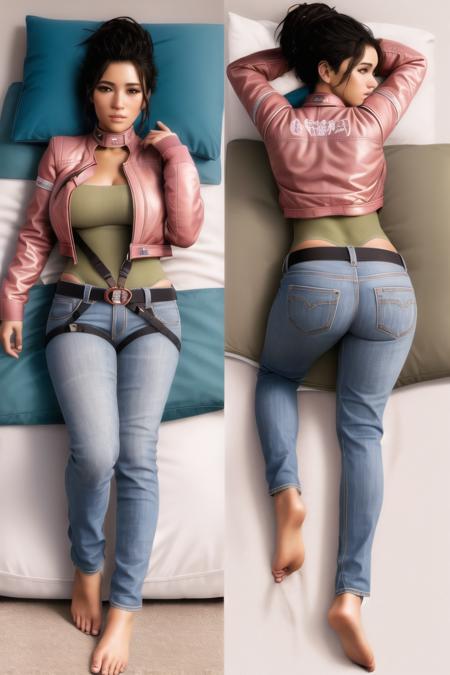 <lora:PanamPalmer:.6>, panam palmer, masterpiece, best quality, 1girl, ass, blush, breasts, dakimakura (medium), lying, on back, bed sheet, multiple views, looking at viewer, pillow, on side, jacket, jeans, mature female,