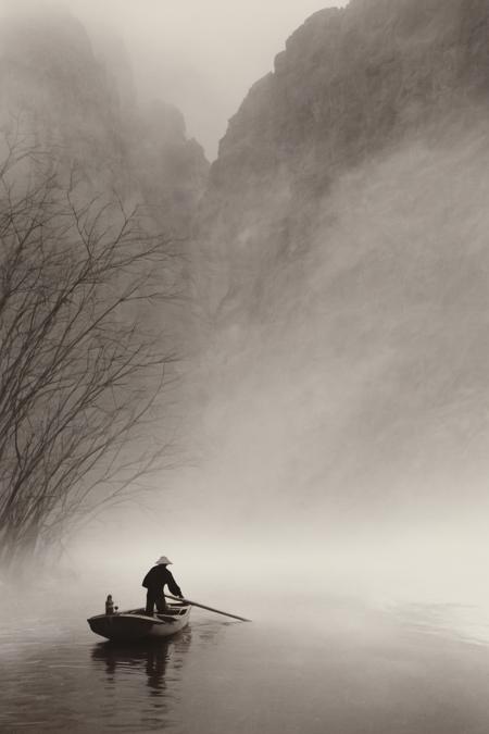 monochrome, traditional media, old man, boat,  Rowing, canyons, mist, branches  <lora:langjingshan-000005:0.9>