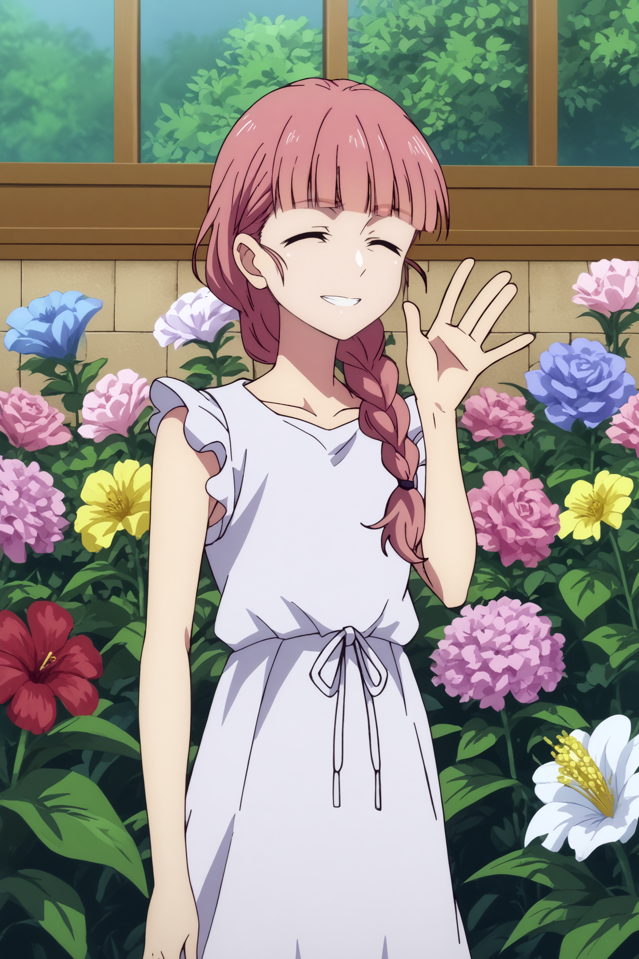 A young woman standing amidst a garden filled with colorful flowers. She has long, pink hair styled in a single braid over her right shoulder, and she is wearing a simple, sleeveless white dress with a small bow at the waist. Her eyes are closed, and she is smiling, waving with her right hand.  Behind her, a wooden fence with a tiled surface separates the garden from the background, which includes green foliage.