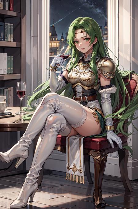 drinking wine,holding wine glass,sitting on chair,table,<lora:annandV1-000016:0.7>,annand, circlet,armor, white short dress, zettai ryouiki, thigh boots, breastplate,belt, shoulder armor, white footwear, elbow gloves, jewelry, bracelet, sleeveless, detached sleeves, fur trim, long sleeves, white thighhighs,high heels, gold trim, thighs, sleeveless dress,indoors,night,castle,(masterpiece, best quality, ultra-detailed, best shadow)