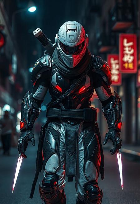Space Ninja, futuristic, cybernetic sleek armor, high-tech helmet with visor, muscular, black, red, white, color palette, dark city street, night, high-tech laser/steel forearm blades, intricate, menacing walk, powerful, cybernetic aesthetic, high quality, UltraHD