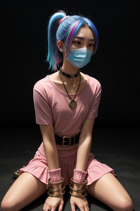 ftwo ponytails, gag. sitting in a slave position, shackles cuffs, blue hair.  hands behind your back, with a metal slave collar,  sitting in slave positions, with their knees spread wide apart , small breasts, deep neckline,  medium breasts, shackles cuffs, make-up, dark hair with bright pink highlights,gag,  necklaces, deep neckline, small breasts , face in sharp focus,