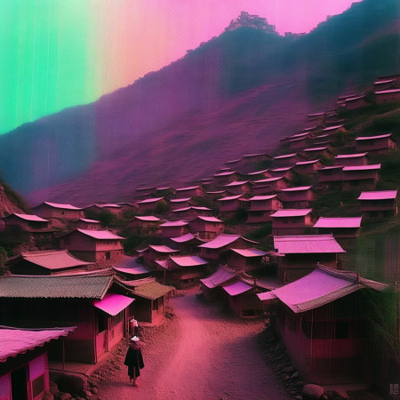 photo, GlitchSlums style a village in the mountains