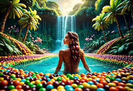 lazypos, [Skittles Theme]
enstile collage in the art style of Jeffrey Boyle and Candy Weil, a dreamlike tapestry blending whimsical illustrations and colorful photography. The scene bursts with vibrant hues radiating warmth and enchantment. A breathtaking view unfolds: cascading waterfalls surrounded by lush tropical forests, where the most beautiful woman, with a sleek, perfect face and an air of refined grace, swims elegantly in a serene pool. Her features are exquisitely detailed, as if captured in 8K resolution, creating a high-quality cinematic visual. Surrounding her, a wide-angle view reveals an exotic paradise where blooming flowers are made entirely of Skittles, radiant, glossy, and jewel-like, adding surreal whimsy to the semi-realistic landscape. Light and shadow dance through the foliage, and the water reflects the vivid candy colors, enhancing the fantasy. The scene pulses with painterly texture, a harmony of realism and imagination rendered in vibrant, candy-coated magic