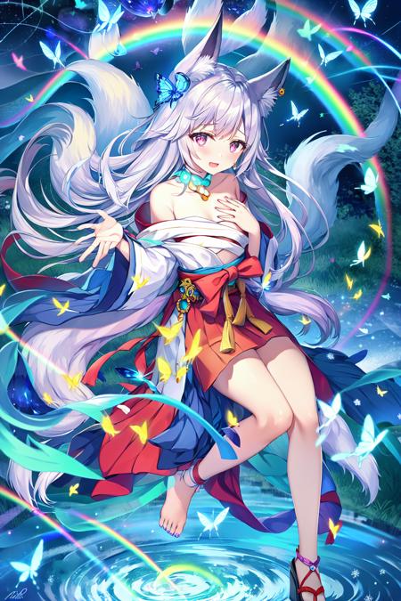 ******,high detail,{{{best quality}}},beautiful lighting,(1girl), {{illustration}},happy tears,gradient hair,rainbow hair,hanfu,fox tail,hakama,nine-tailed fox, Ahri, animal, animal ears, fluff, animal ears, artist name, aurora, bangs, bare shoulders, bare feet, bird, black shoes, white butterfly, {{white}} skirt, {{white} } hair, {{white}} tail, {{silver}} skirt, brown eyes, bug butterfly, butterfly, hair accessory, choker, split, constellation, dark background, date, dress, earrings, nails, fish, flowy hair, flower, forehead, fox, fox ears, fox girl, fox tail, full body, galaxy, glow, glow butterfly, hair jewelry, handheld, high heels, jellyfish jewelry, fox tail, big tail, light particles, long skirt, long hair, long sleeves, long tail, looking at the viewer, magic, mid-chest, multiple tails, night, night sky, dropped shoulders, open mouth, outdoors, bangs parted, planet, purple eyes, red eyes, reflection, ripples, shoes, shooting star, signature, silver hair, {{silver}} skirt, hug the sky, sleeveless, sleeveless dress, smile, snowflake, solo, space, sparkle, stand, stars\(sky\) starry sky, dew Shoulders, off-shoulder dress, tail, vastaya, very long hair, {{white}} butterfly, {{white}} skirt, {{white}} hair, {{white}} tail, wide sleeves, fox ears , fox girl, fox tail, yellow butterfly, normal hands, 5 fingers on each hand, perfect hands, beautiful eyes