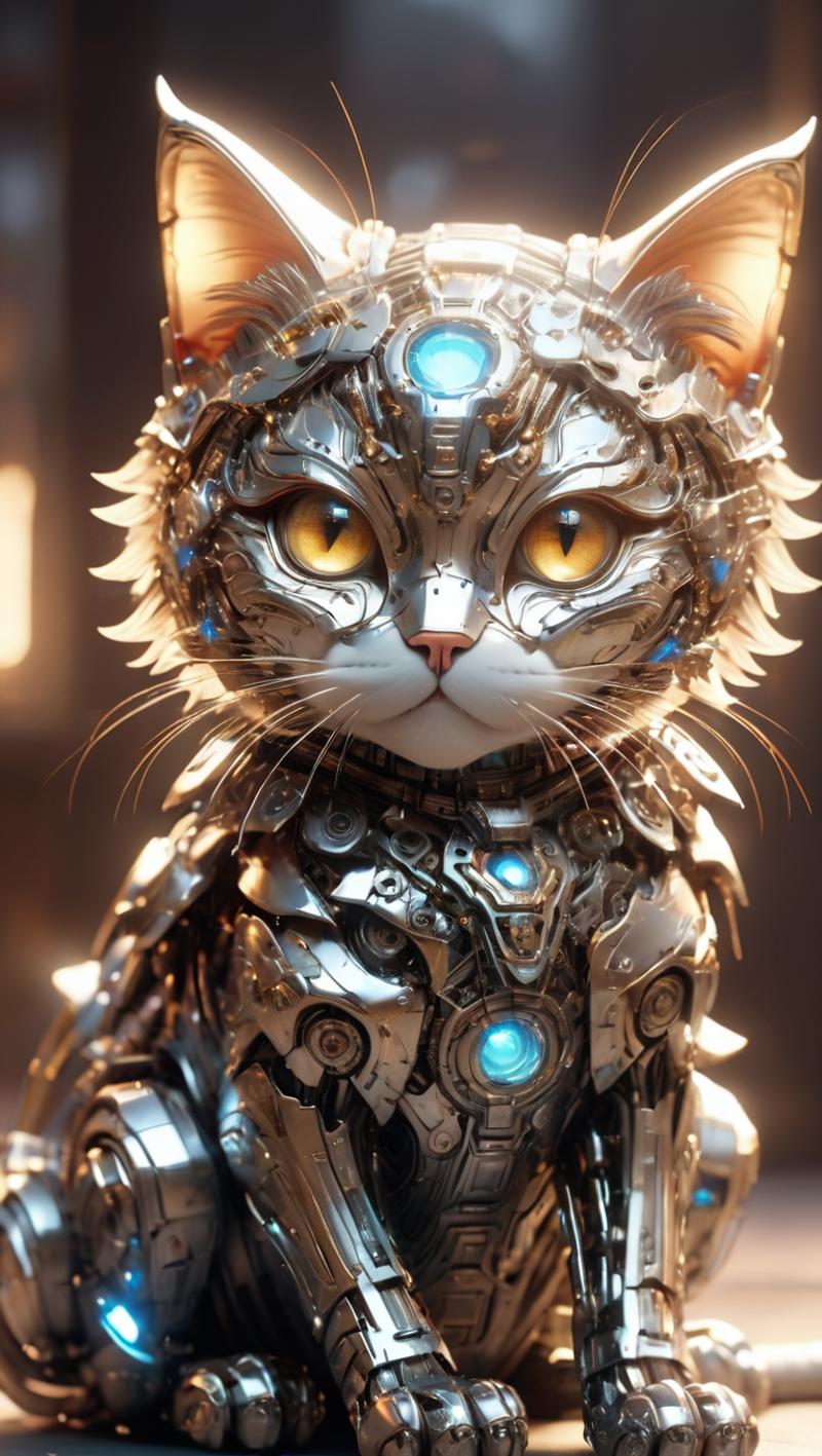 A robotic cat with a blue eye.