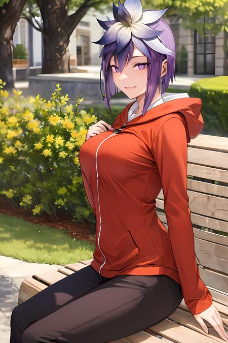 masterpiece, (best quality), 1woman,1girl , amanesmt, purple hair, purple eyes,   sitting down on bench, (from the front), hair flower, short hair,  orange hoodie, hood down, pants,  large  breasts, sexy woman,    smile, adult,  elegant, vibrant colors ,natural lighting  ,RTX,  beautiful, (detailed face:1.2), showcase, (perfect eyes:1.1) , (perfect pupils), (photorealistic:1.1), 8k uhd,  looking at viewer,  outdoors,  simple backround,