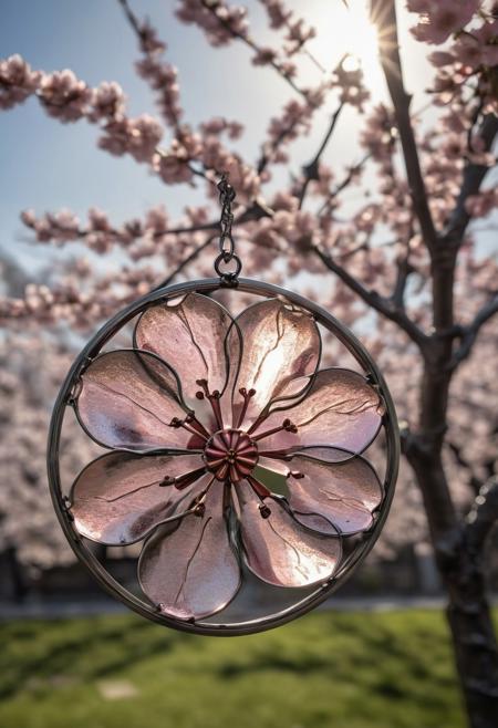 Product photograph, natural lighting, a metal artwork of a cherry blossom , metal, metal cherry blossom, colored glass in the background, beautiful sunshine, detailed, soft lighting, analog,
