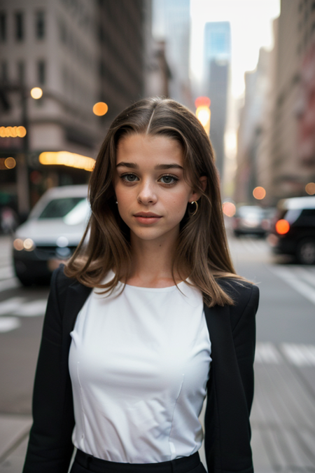 BertaCastane, photography by (Rodney Smith:1.3), ((upper body focus, shoulders)), modelshoot, pose, (business suit, black jacket, white blouse, facing viewer, busy Manhattan sidewalk, looking at viewer, blurry background, bokeh, ID photo:1.3), serious look