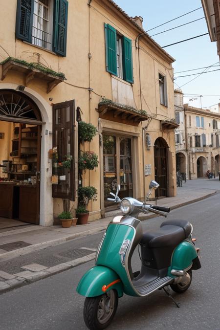 a cartoon of Matt Bors, an old bakery building with a motor scooter in front of it, in the style of romantic charm, mediterranean-inspired, villagecore, sacricore, romantic atmosphere, absinthe culture, antique influences