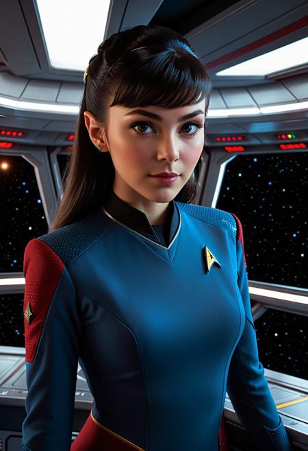 High resolution of ultra-realistic Beautiful young Vulcan science officer from the starship Enterprise, standing on the bridge of the starship, dressed in a red and blue Star Trek style Starfleet uniform, fragile girl, pretty cute face, with black Vulcan-style hair,  (pointed Vulcan ear: 1.5), realistic brown eyes, best quality, Asymmetrical Balance, a masterpiece, 8k resolution, dynamic lighting, elegant, masterful, intricate details, realistic, vibrant colors, trending on Artstation, hyper-detailed, hyper-realistic