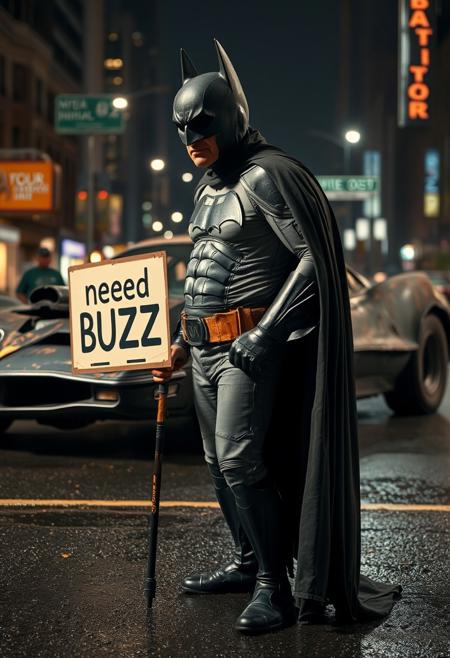 Closeup of old 77 year old Batman in worn out batman bodysuit and ripped worn cape standing using cane in front of his rusted and worn Batmobile holding sign "need BUZZ", night, wet asphalt, Gotham city in background