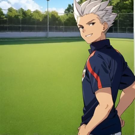 best quality,masterpiece,8k quality,best pixels,<lora:Axel Blaze:0.7>,1boy,mature_man,Axel Blaze,(white hair),soccer field,facing the viewer,standing,holding a soccer ball,smiling